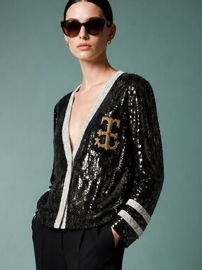 Vintage Modi Navy Blue, Silk Sequin Letterman Jacket